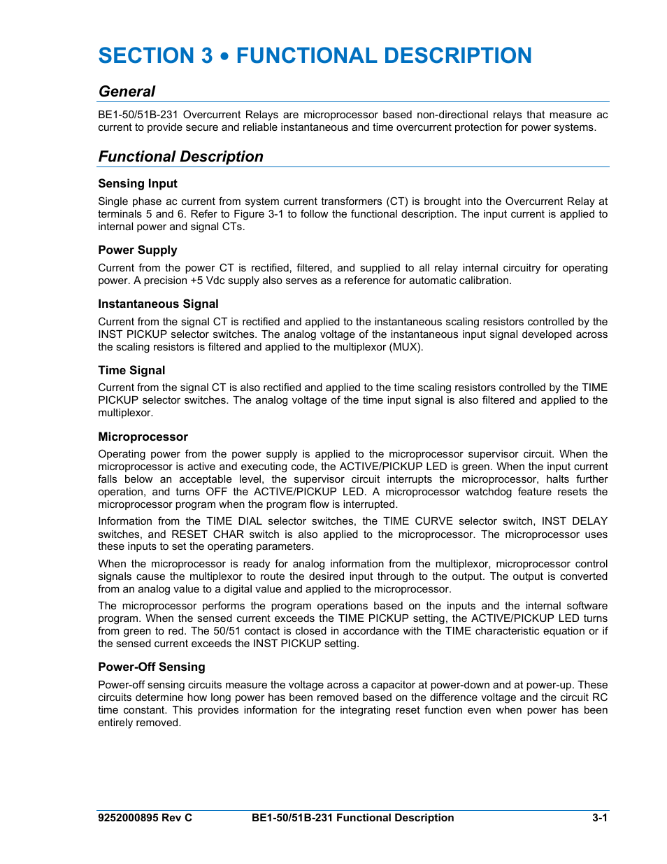 General, Functional description, Sensing input | Power supply, Instantaneous signal, Time signal, Microprocessor, Power-off sensing, Section 3 • functional description -1, General -1 | Basler Electric BE1-50/51B-231 User Manual | Page 27 / 60