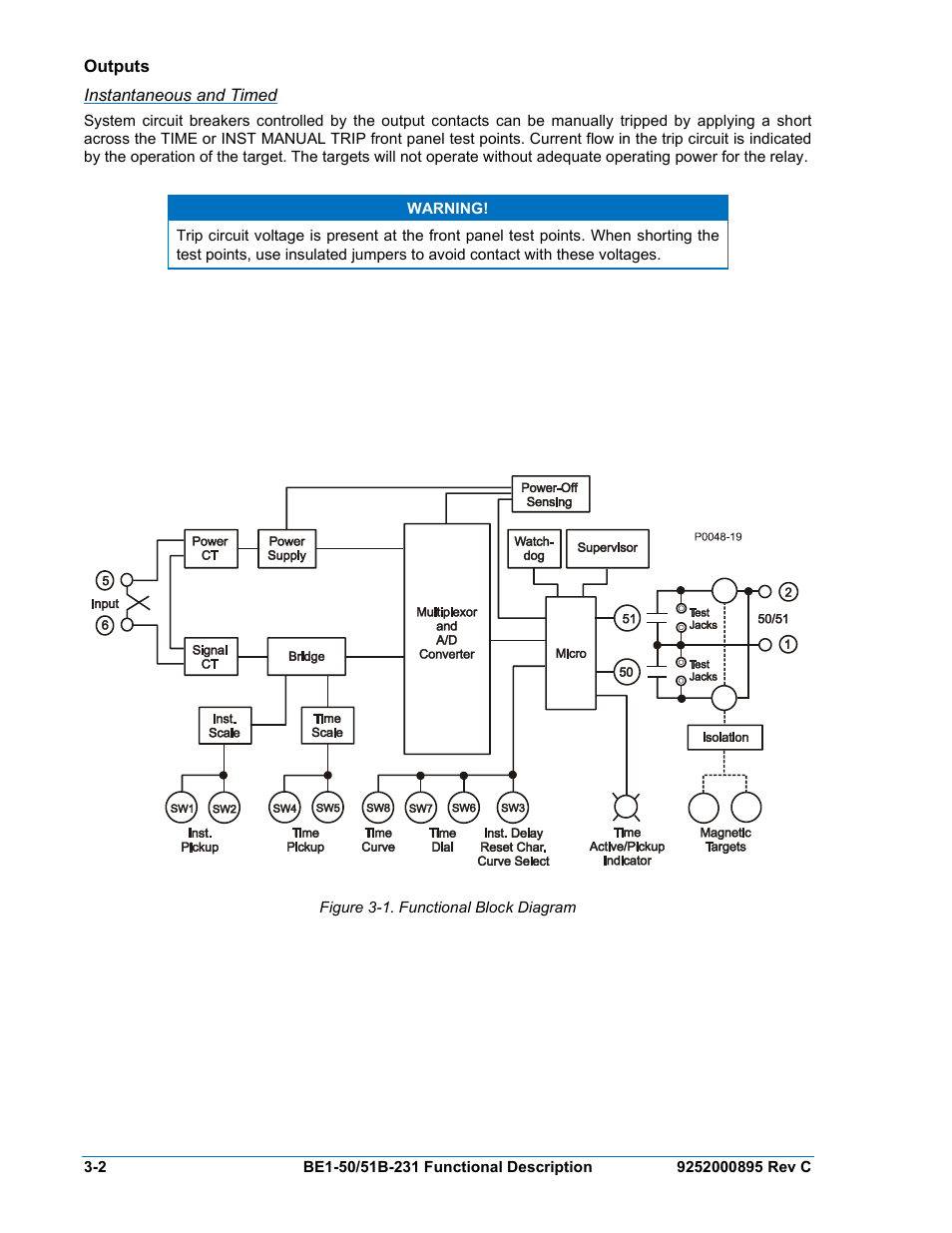 Outputs, Instantaneous and timed, Outputs -2 | Figure 3-1. functional block diagram | Basler Electric BE1-50/51B-231 User Manual | Page 28 / 60