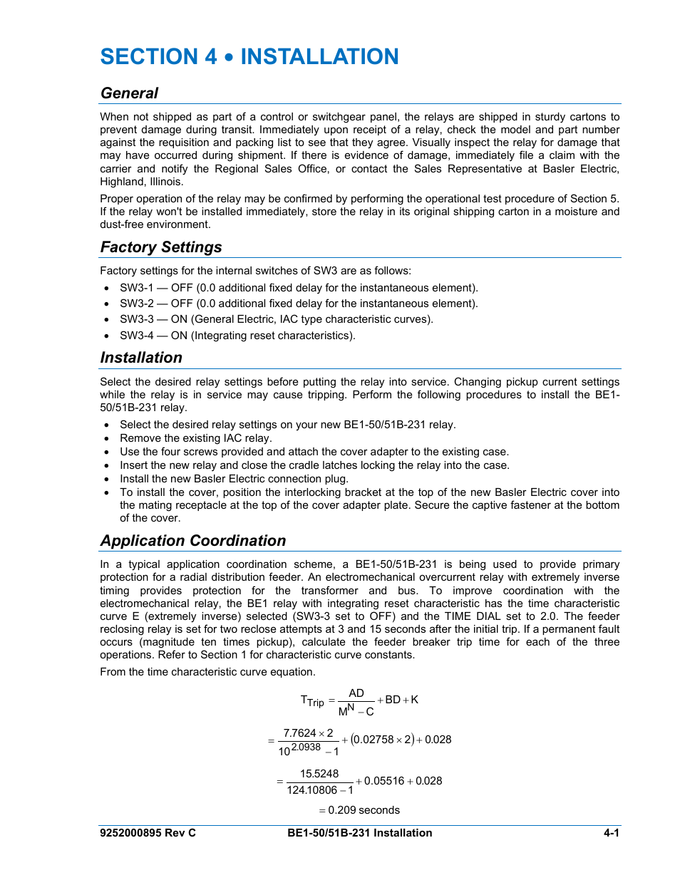 General, Factory settings, Installation | Application coordination, Section 4 • installation -1, General -1, Factory settings -1, Installation -1, Application coordination -1 | Basler Electric BE1-50/51B-231 User Manual | Page 31 / 60