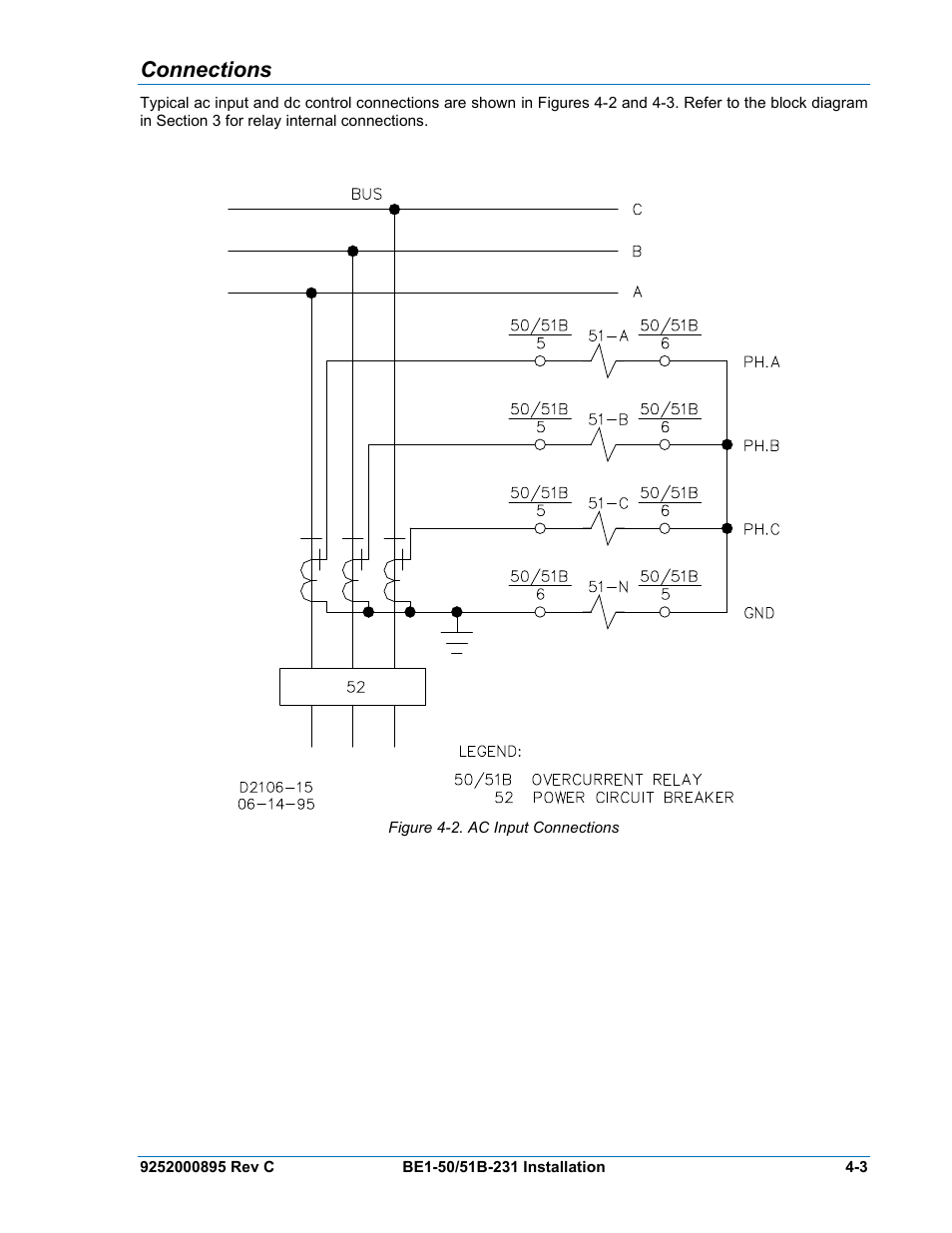 Connections, Connections -3, Figure 4-2. ac input connections | Basler Electric BE1-50/51B-231 User Manual | Page 33 / 60