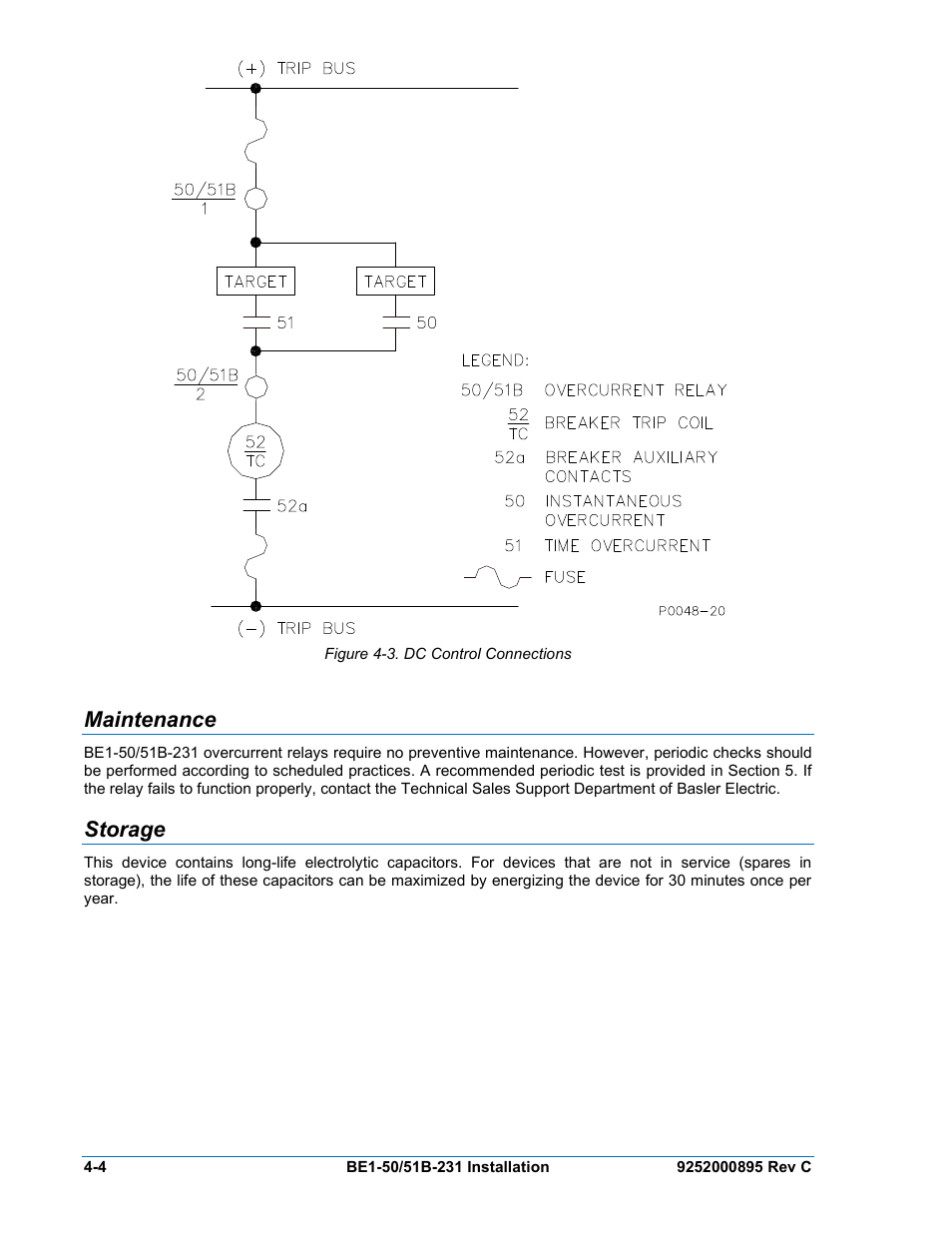 Maintenance, Storage, Maintenance -4 | Storage -4, Figure 4-3. dc control connections | Basler Electric BE1-50/51B-231 User Manual | Page 34 / 60