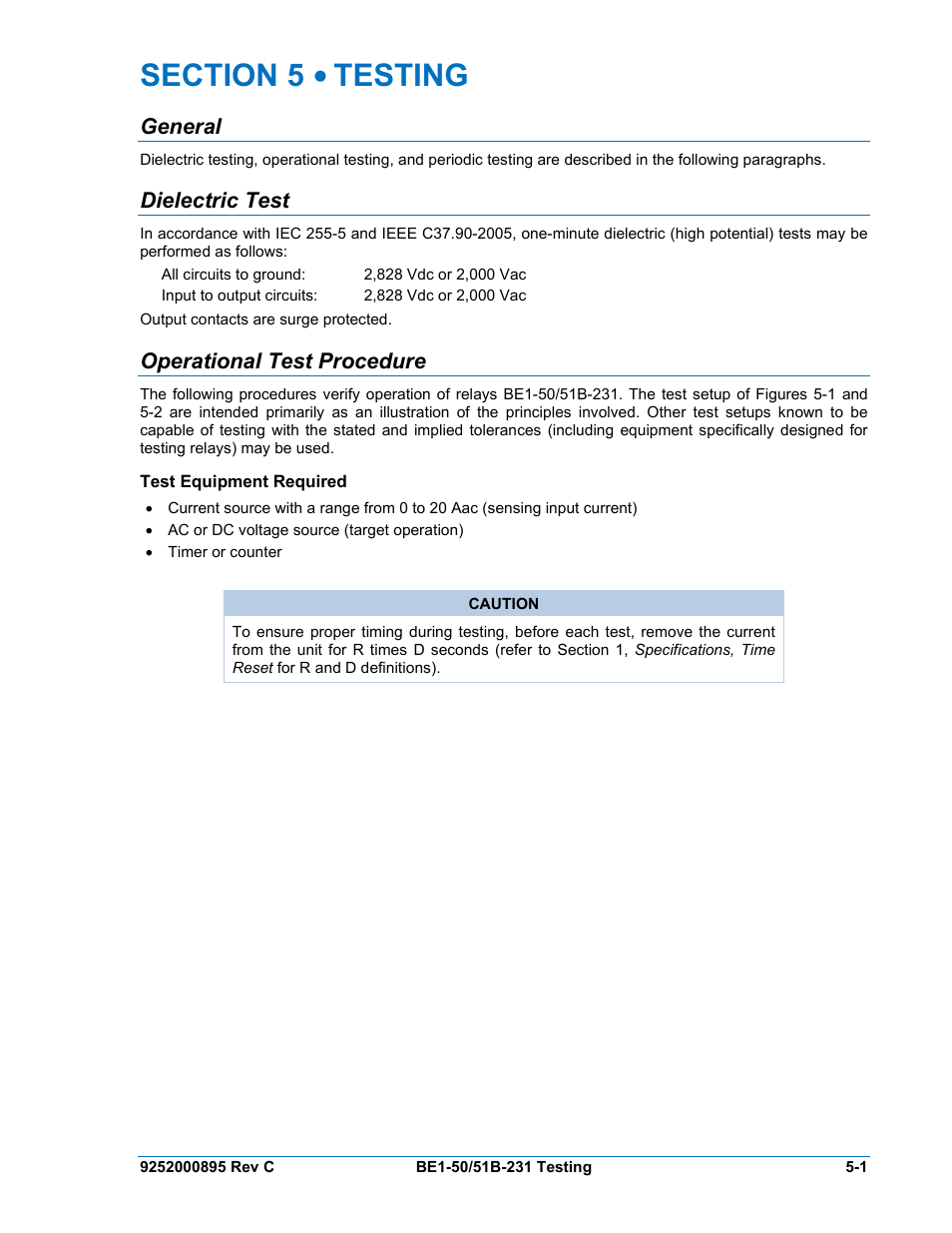 General, Dielectric test, Operational test procedure | Test equipment required, Section 5 • testing -1, General -1, Dielectric test -1, Operational test procedure -1, Test equipment required -1 | Basler Electric BE1-50/51B-231 User Manual | Page 37 / 60
