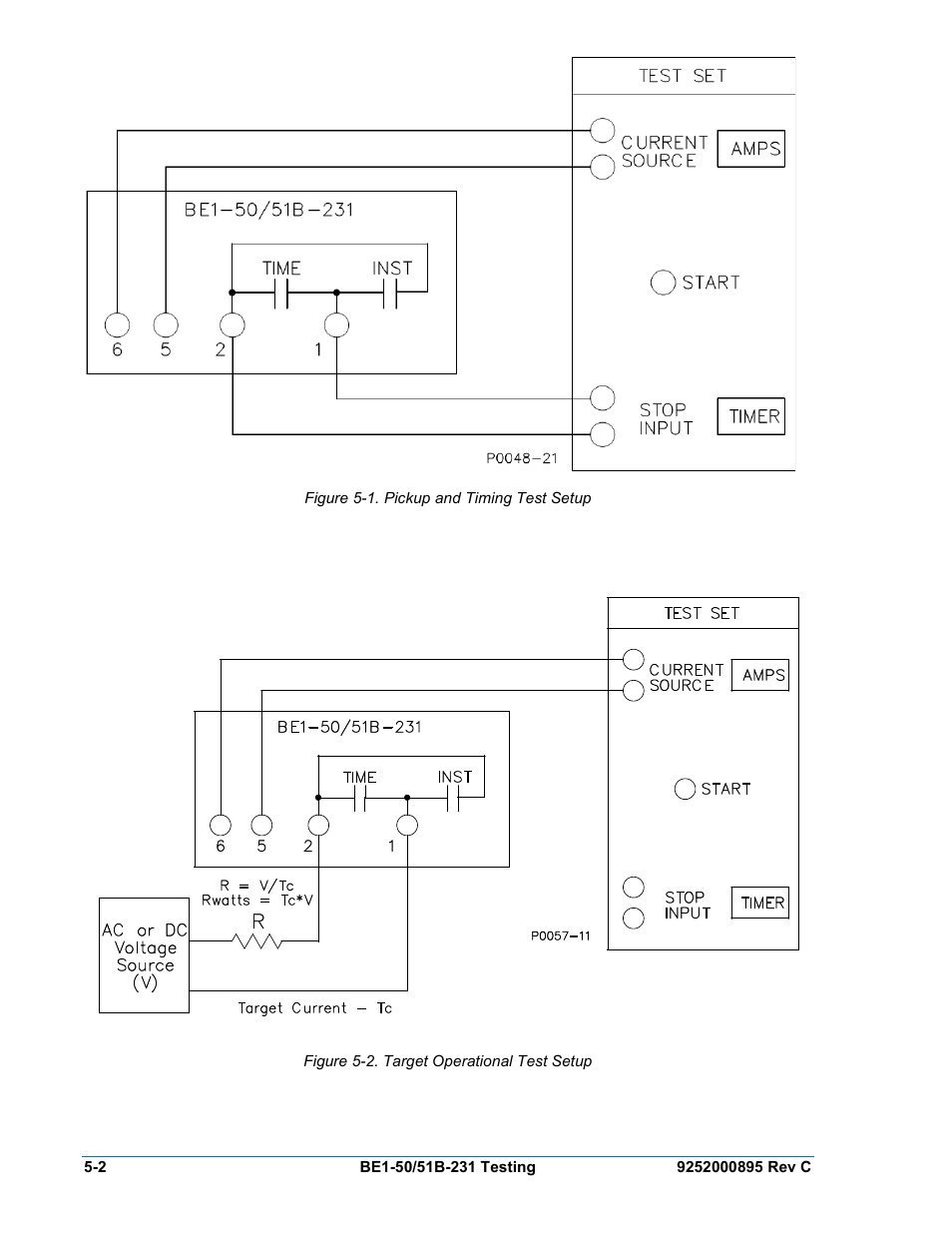 Figure 5-1. pickup and timing test setup, Figure 5-2. target operational test setup | Basler Electric BE1-50/51B-231 User Manual | Page 38 / 60