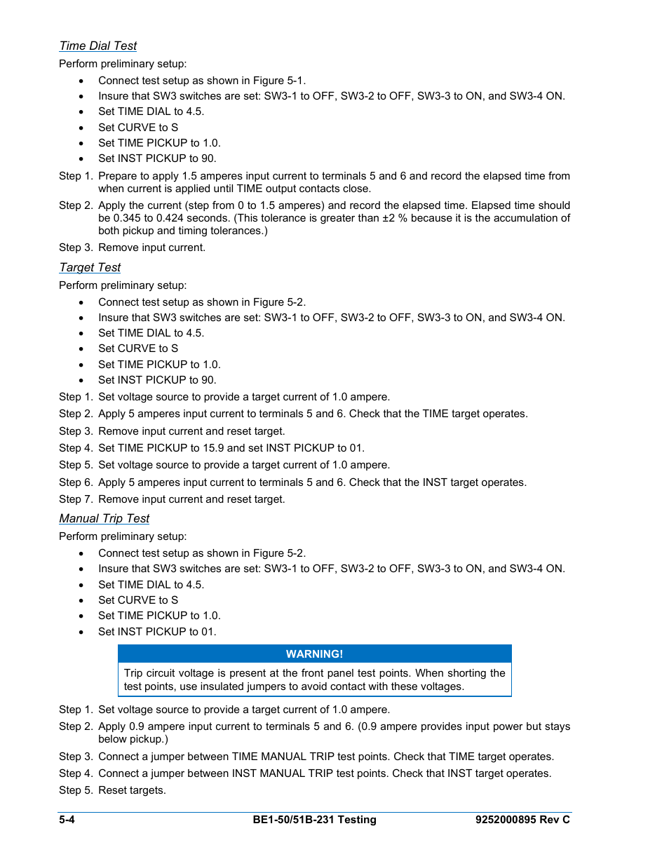 Time dial test, Target test, Manual trip test | Basler Electric BE1-50/51B-231 User Manual | Page 40 / 60