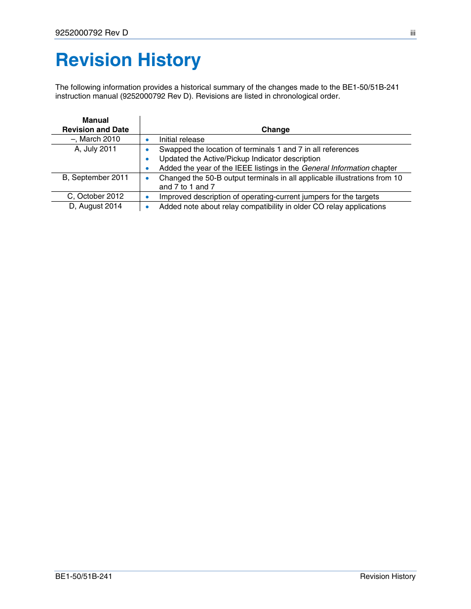 Revision history | Basler Electric BE1-50/51B-241 User Manual | Page 5 / 52