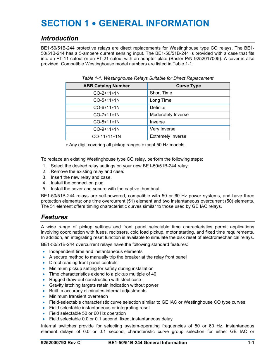Introduction, Features, Section 1 • general information -1 | Introduction -1, Features -1 | Basler Electric BE1-50/51B-244 User Manual | Page 11 / 64