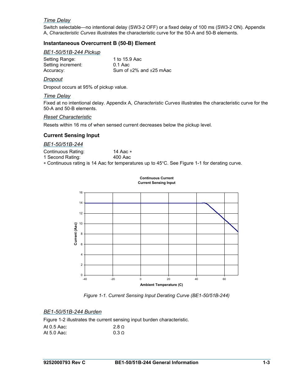 Time delay, Instantaneous overcurrent b (50-b) element, Be1-50/51b-244 pickup | Dropout, Reset characteristic, Current sensing input, Be1-50/51b-244, Be1-50/51b-244 burden, Instantaneous overcurrent b (50-b) element -3, Current sensing input -3 | Basler Electric BE1-50/51B-244 User Manual | Page 13 / 64
