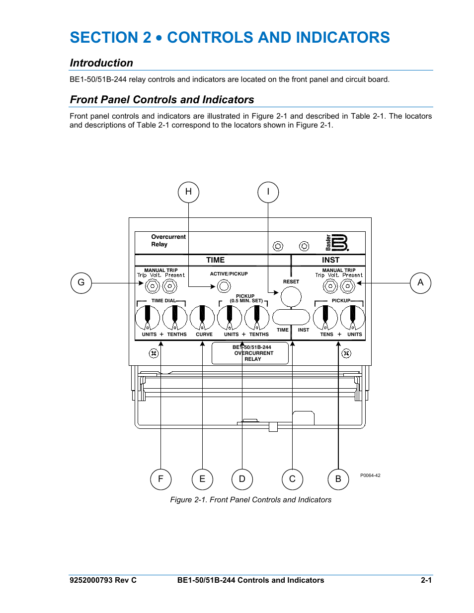 Introduction, Front panel controls and indicators, Section 2 • controls and indicators -1 | Introduction -1, Front panel controls and indicators -1, Figure 2-1. front panel controls and indicators | Basler Electric BE1-50/51B-244 User Manual | Page 19 / 64