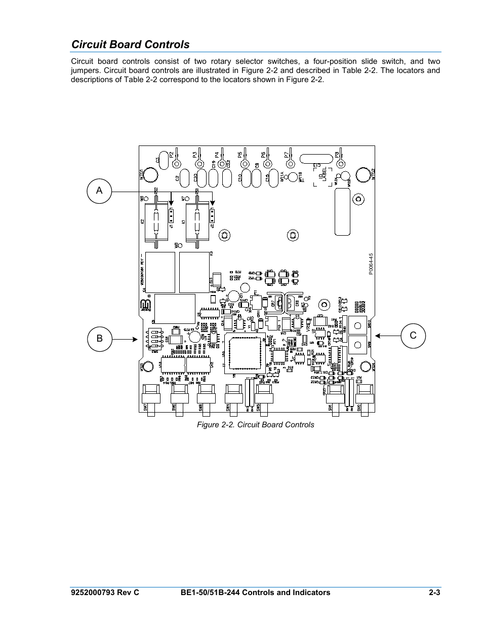 Circuit board controls, Circuit board controls -3, Figure 2-2. circuit board controls | Ab c | Basler Electric BE1-50/51B-244 User Manual | Page 21 / 64