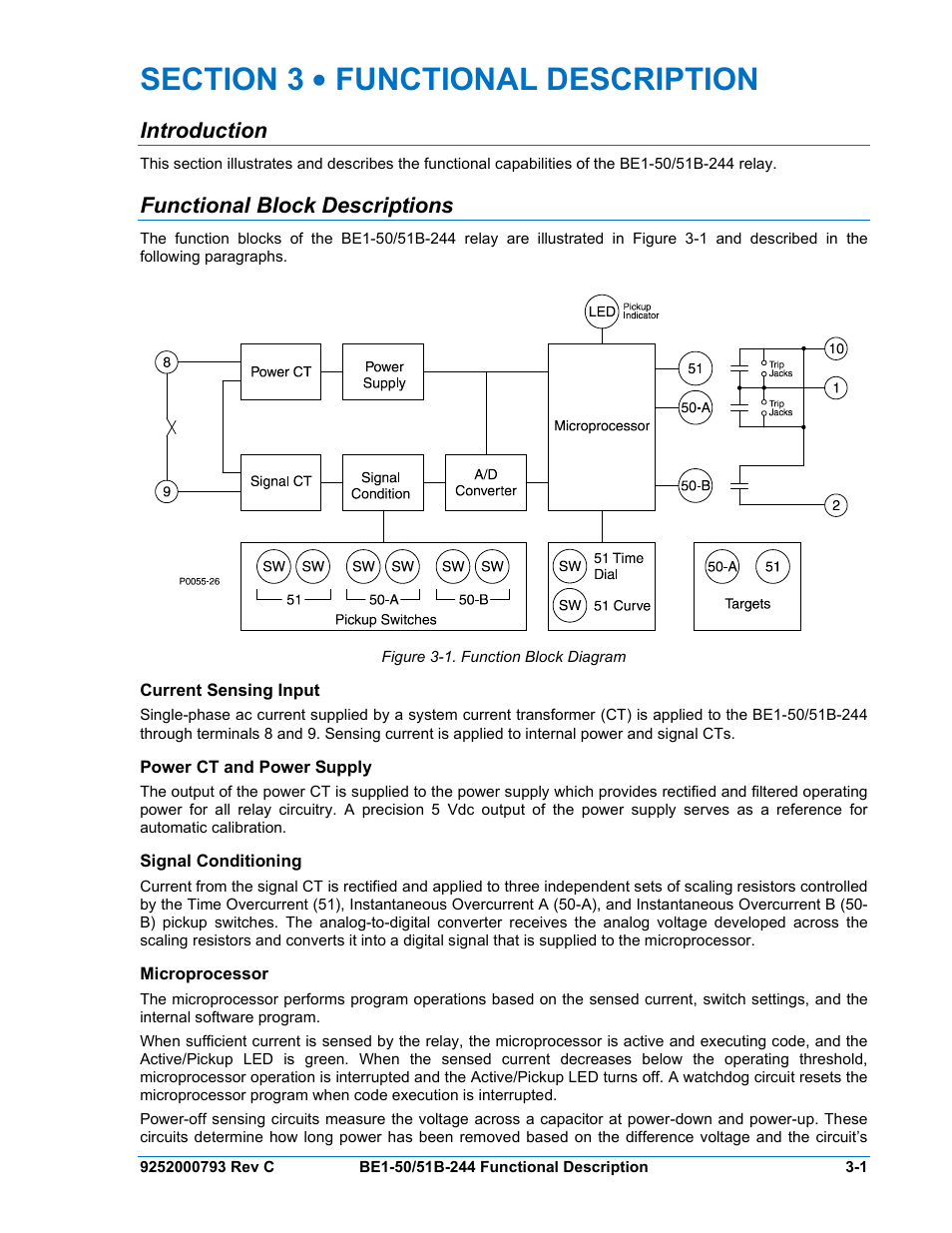 Introduction, Functional block descriptions, Current sensing input | Power ct and power supply, Signal conditioning, Microprocessor, Section 3 • functional description -1, Introduction -1, Functional block descriptions -1, Current sensing input -1 | Basler Electric BE1-50/51B-244 User Manual | Page 25 / 64