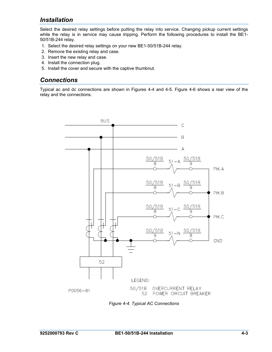 Installation, Connections, Installation -3 | Connections -3, Figure 4-4. typical ac connections | Basler Electric BE1-50/51B-244 User Manual | Page 31 / 64