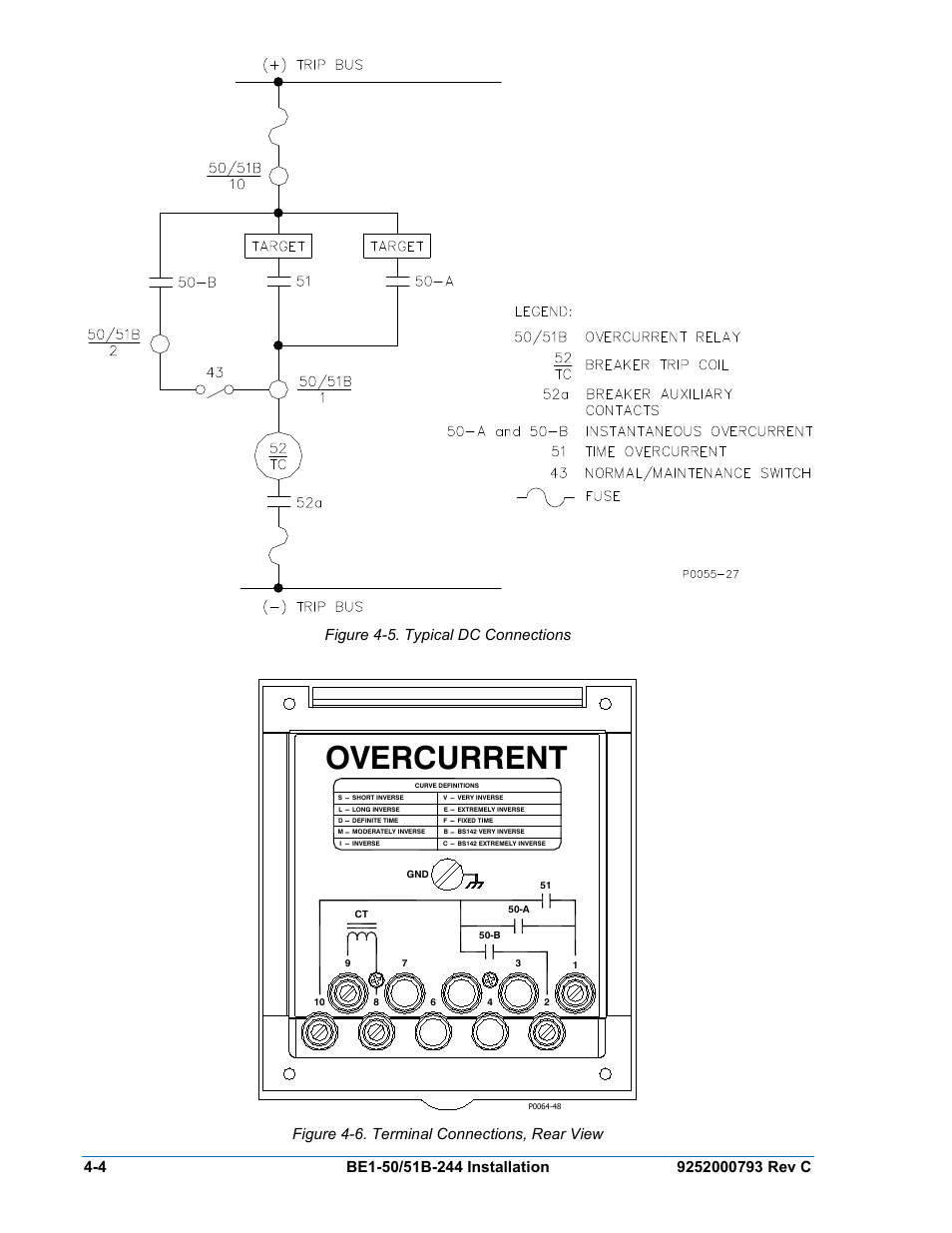 Figure 4-5. typical dc connections, Figure 4-6. terminal connections, rear view, Overcurrent | Basler Electric BE1-50/51B-244 User Manual | Page 32 / 64