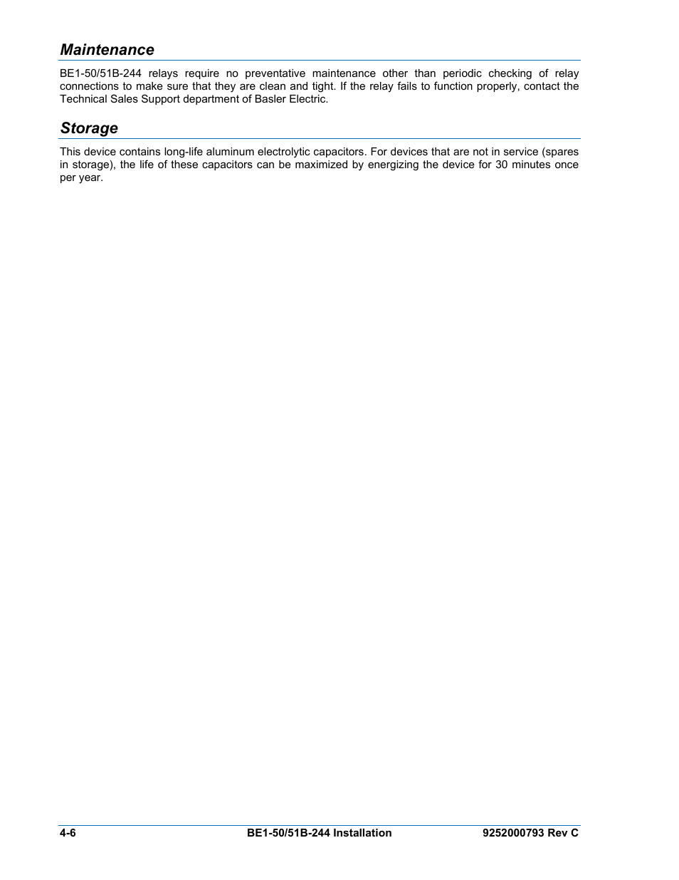 Maintenance, Storage, Maintenance -6 | Storage -6 | Basler Electric BE1-50/51B-244 User Manual | Page 34 / 64