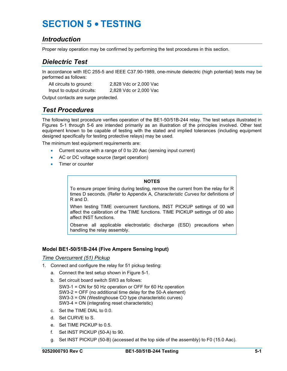 Introduction, Dielectric test, Test procedures | Model be1-50/51b-244 (five ampere sensing input), Time overcurrent (51) pickup, Section 5 • testing -1, Introduction -1, Dielectric test -1, Test procedures -1, Time overcurrent (51) pickup -1 | Basler Electric BE1-50/51B-244 User Manual | Page 37 / 64