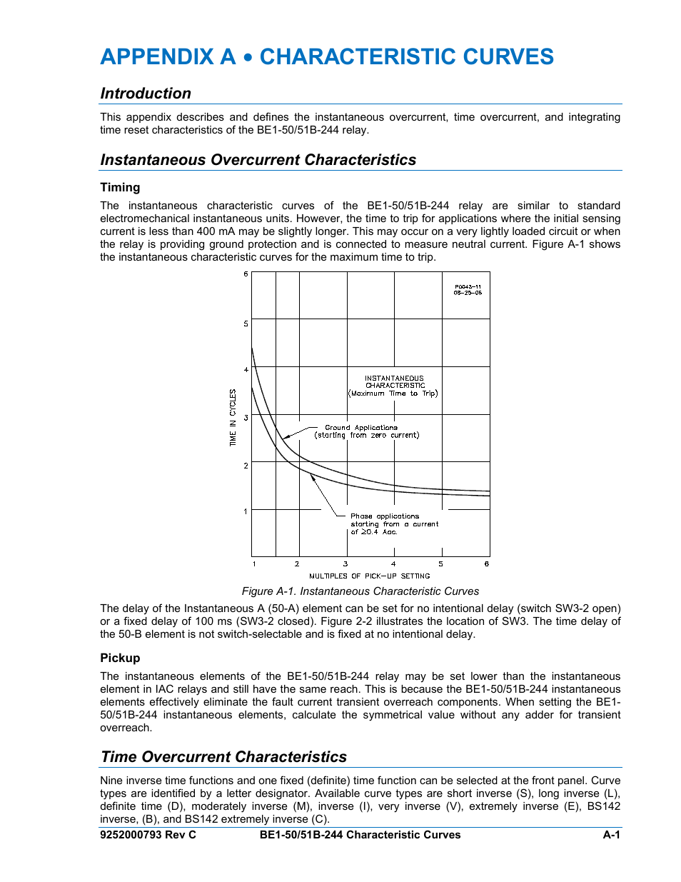 Introduction, Instantaneous overcurrent characteristics, Timing | Pickup, Time overcurrent characteristics, Figure a-1. instantaneous characteristic curves, Appendix a • characteristic curves | Basler Electric BE1-50/51B-244 User Manual | Page 45 / 64