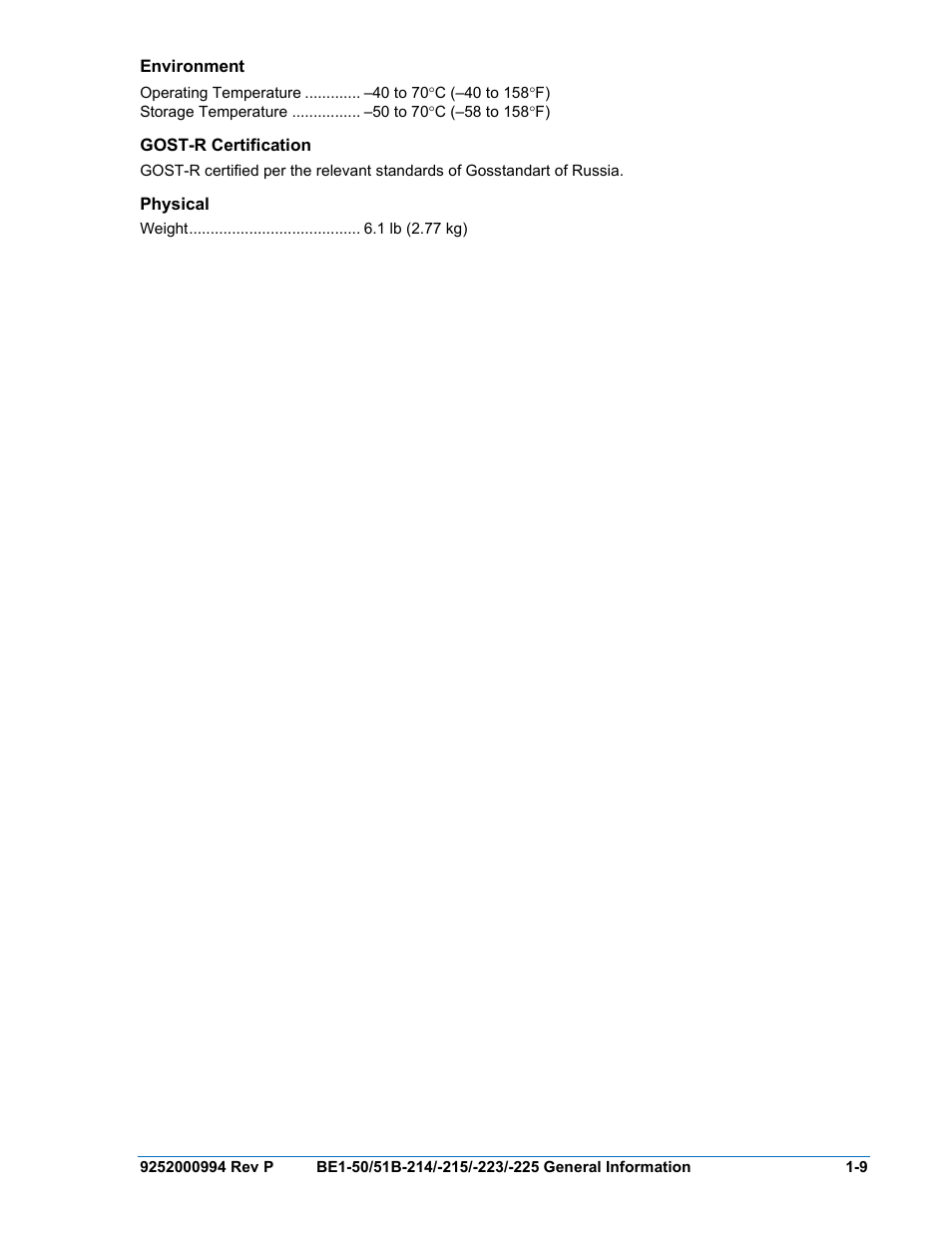 Environment, Gost-r certification, Physical | Environment -9, Gost-r certification -9, Physical -9 | Basler Electric BE1-50/51B-121 User Manual | Page 21 / 72