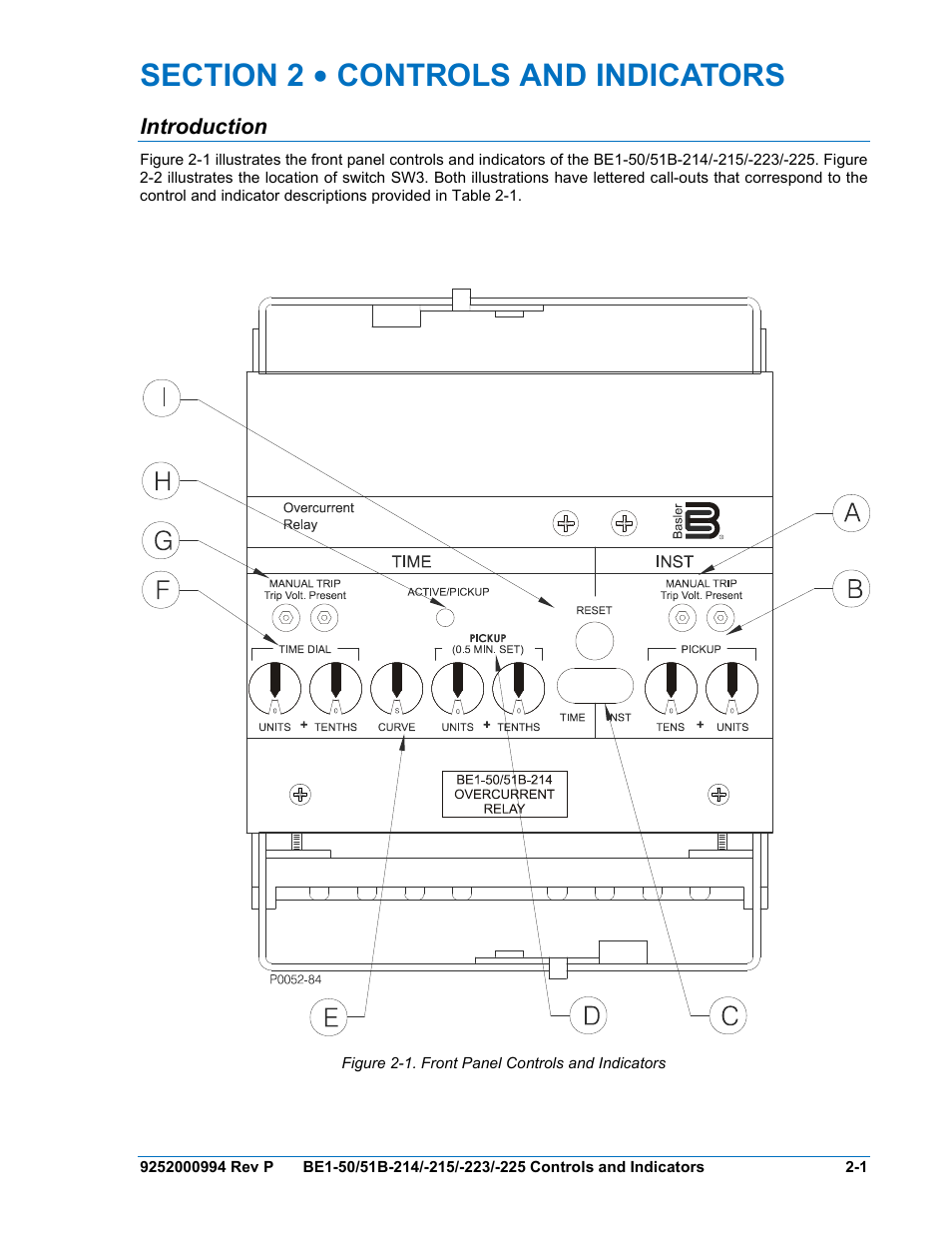 Introduction, Section 2 • controls and indicators -1, Introduction -1 | Figure 2-1. front panel controls and indicators | Basler Electric BE1-50/51B-121 User Manual | Page 25 / 72