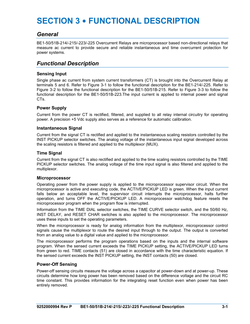 General, Functional description, Sensing input | Power supply, Instantaneous signal, Time signal, Microprocessor, Power-off sensing, Section 3 • functional description -1, General -1 | Basler Electric BE1-50/51B-121 User Manual | Page 31 / 72