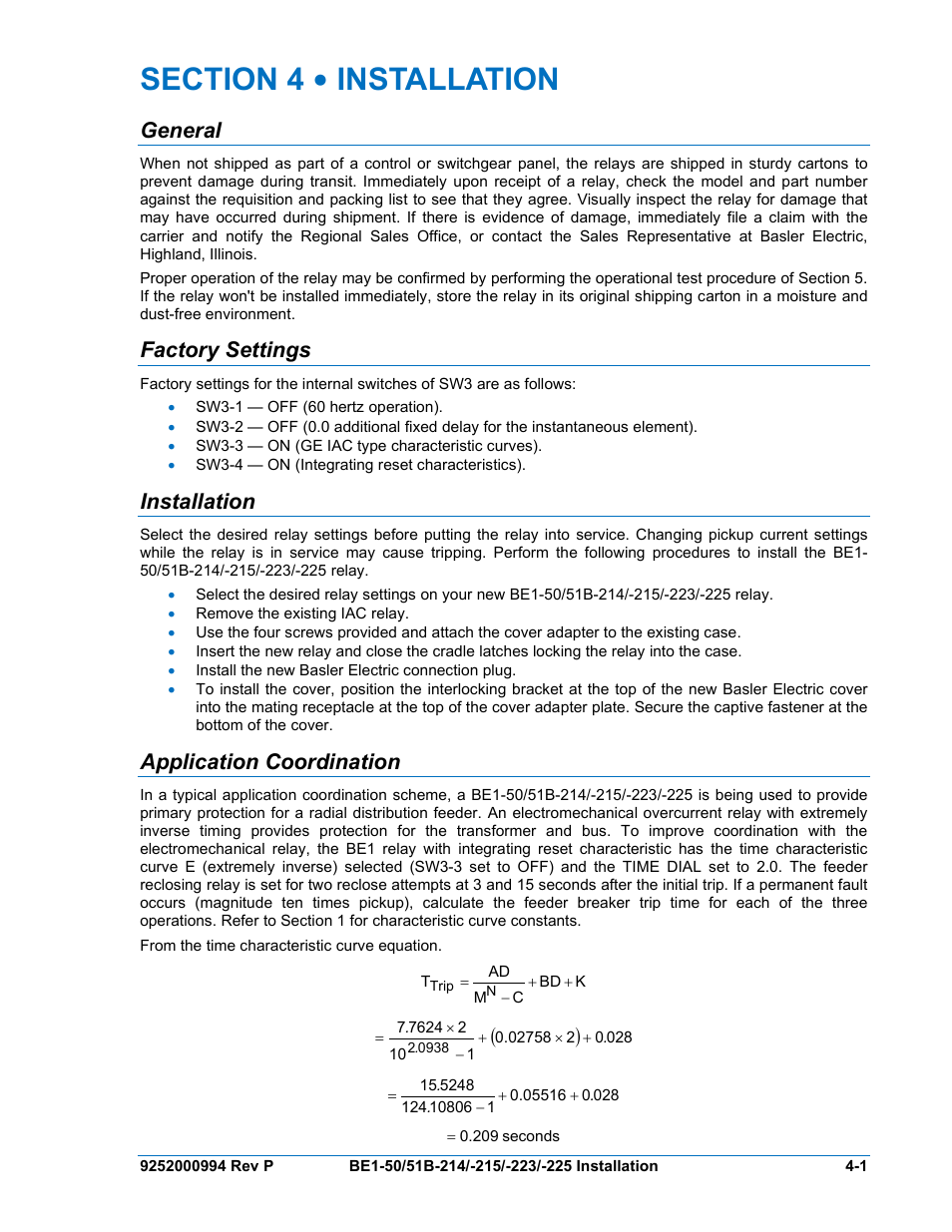 General, Factory settings, Installation | Application coordination, Section 4 • installation -1, General -1, Factory settings -1, Installation -1, Application coordination -1 | Basler Electric BE1-50/51B-121 User Manual | Page 37 / 72