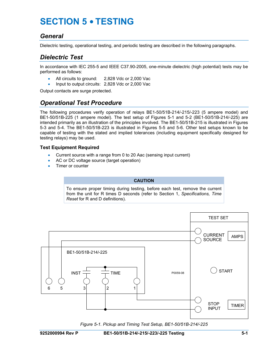 General, Dielectric test, Operational test procedure | Test equipment required, Section 5 • testing -1, General -1, Dielectric test -1, Operational test procedure -1, Test equipment required -1 | Basler Electric BE1-50/51B-121 User Manual | Page 45 / 72