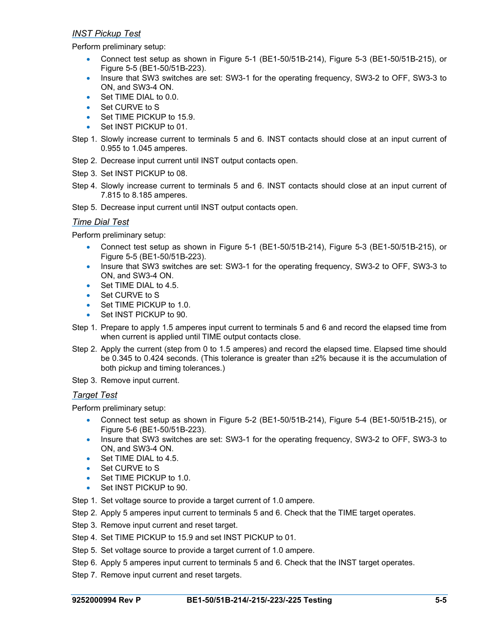 Inst pickup test, Time dial test, Target test | Basler Electric BE1-50/51B-121 User Manual | Page 49 / 72