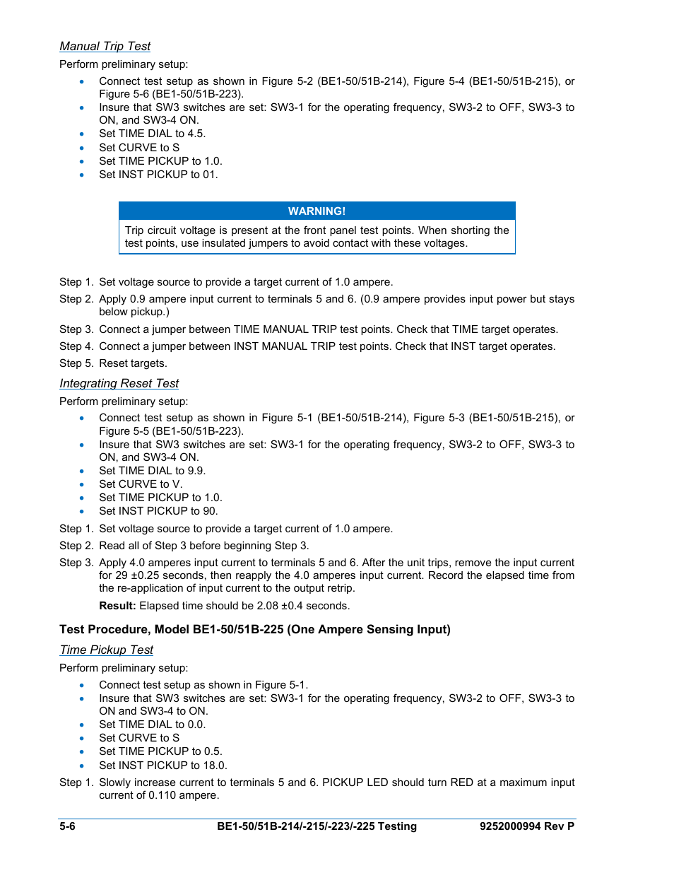 Manual trip test, Integrating reset test, Time pickup test | Basler Electric BE1-50/51B-121 User Manual | Page 50 / 72