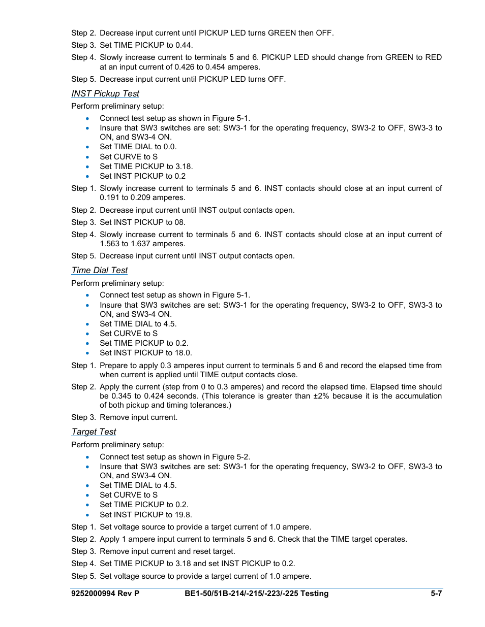 Inst pickup test, Time dial test, Target test | Basler Electric BE1-50/51B-121 User Manual | Page 51 / 72