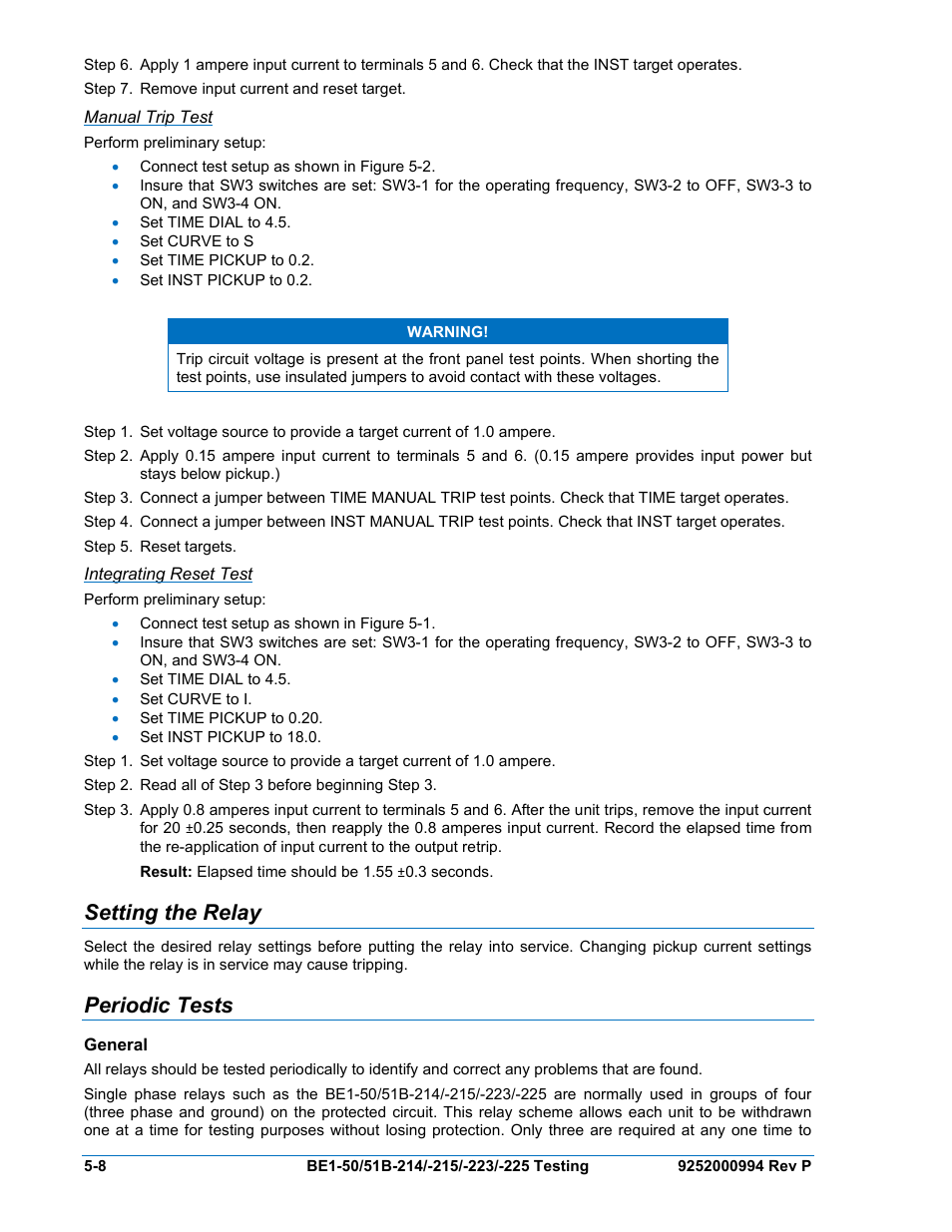 Manual trip test, Integrating reset test, Setting the relay | Periodic tests, General, Setting the relay -8, Periodic tests -8, General -8 | Basler Electric BE1-50/51B-121 User Manual | Page 52 / 72