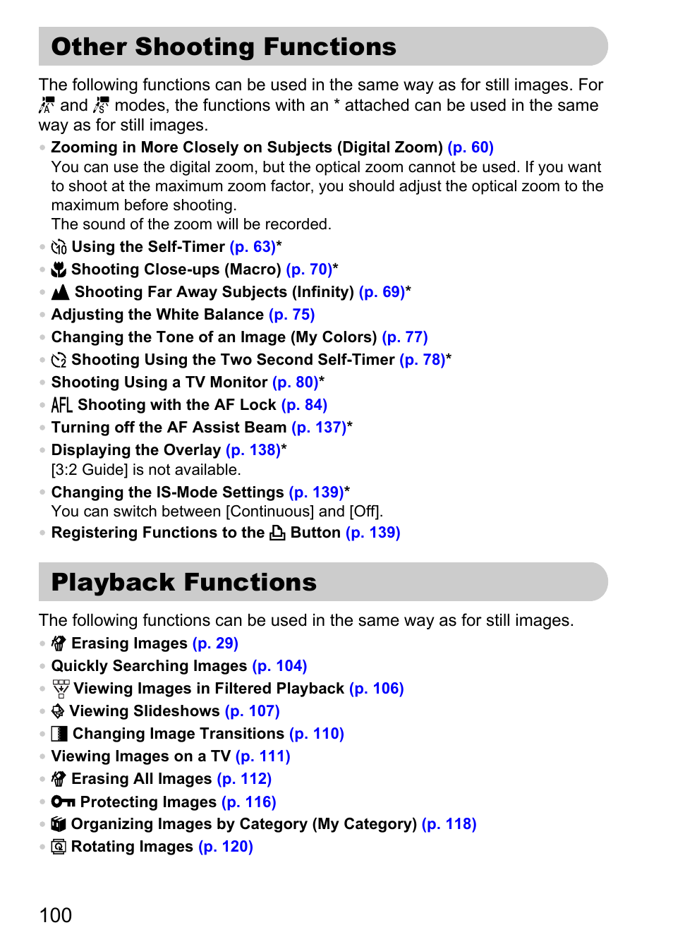 Other shooting functions, Playback functions, Other shooting functions playback functions | Canon IXUS 990IS User Manual | Page 100 / 162
