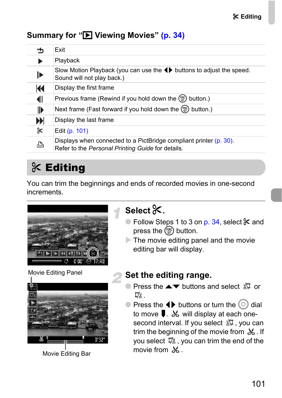 Editing, Select, Set the editing range | Canon IXUS 990IS User Manual | Page 101 / 162