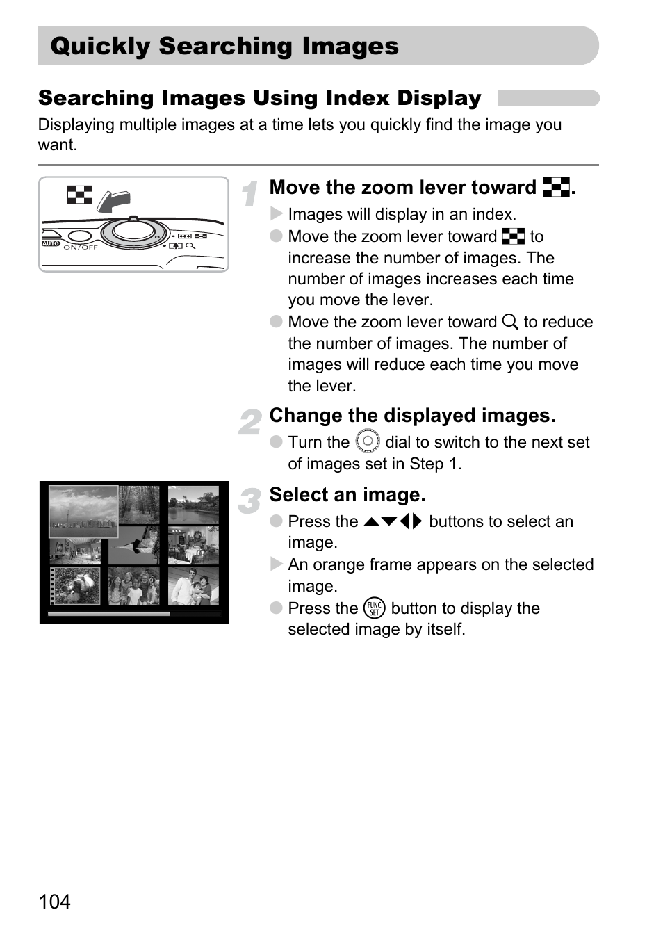 Quickly searching images, P. 104), Searching images using index display | Canon IXUS 990IS User Manual | Page 104 / 162