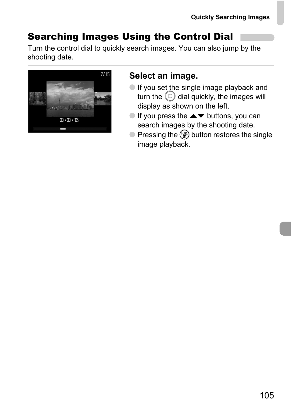 Searching images using the control dial, Select an image | Canon IXUS 990IS User Manual | Page 105 / 162