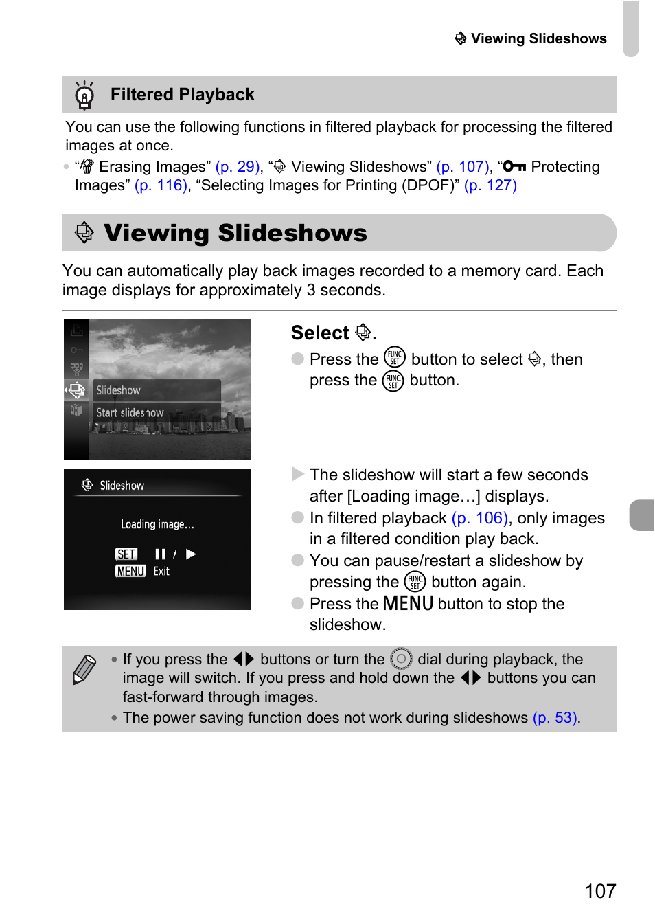 Viewing slideshows, P. 107), Select | Canon IXUS 990IS User Manual | Page 107 / 162