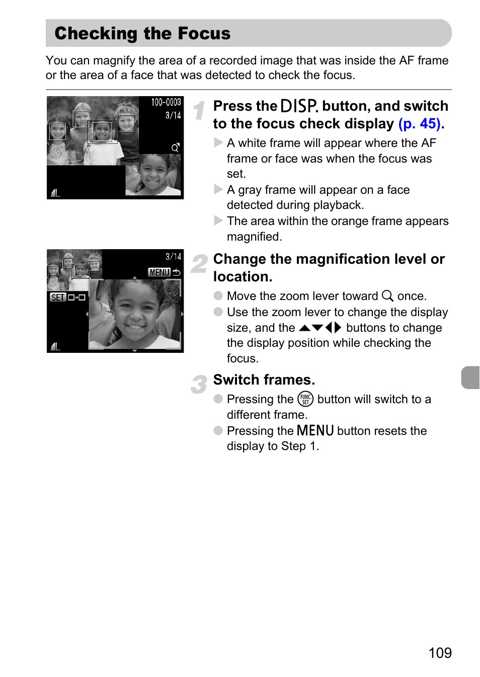 Checking the focus, Display, P. 109) | Canon IXUS 990IS User Manual | Page 109 / 162