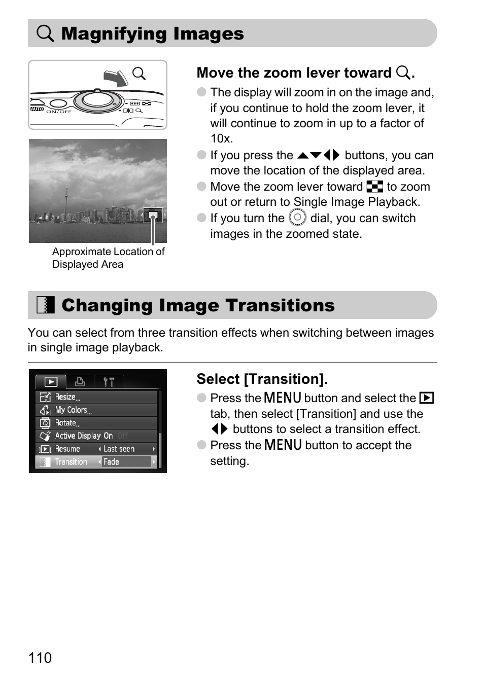 Magnifying images, Changing image transitions, K magnifying images + changing image transitions | P. 110), K magnifying images, 110 move the zoom lever toward k, Select [transition | Canon IXUS 990IS User Manual | Page 110 / 162