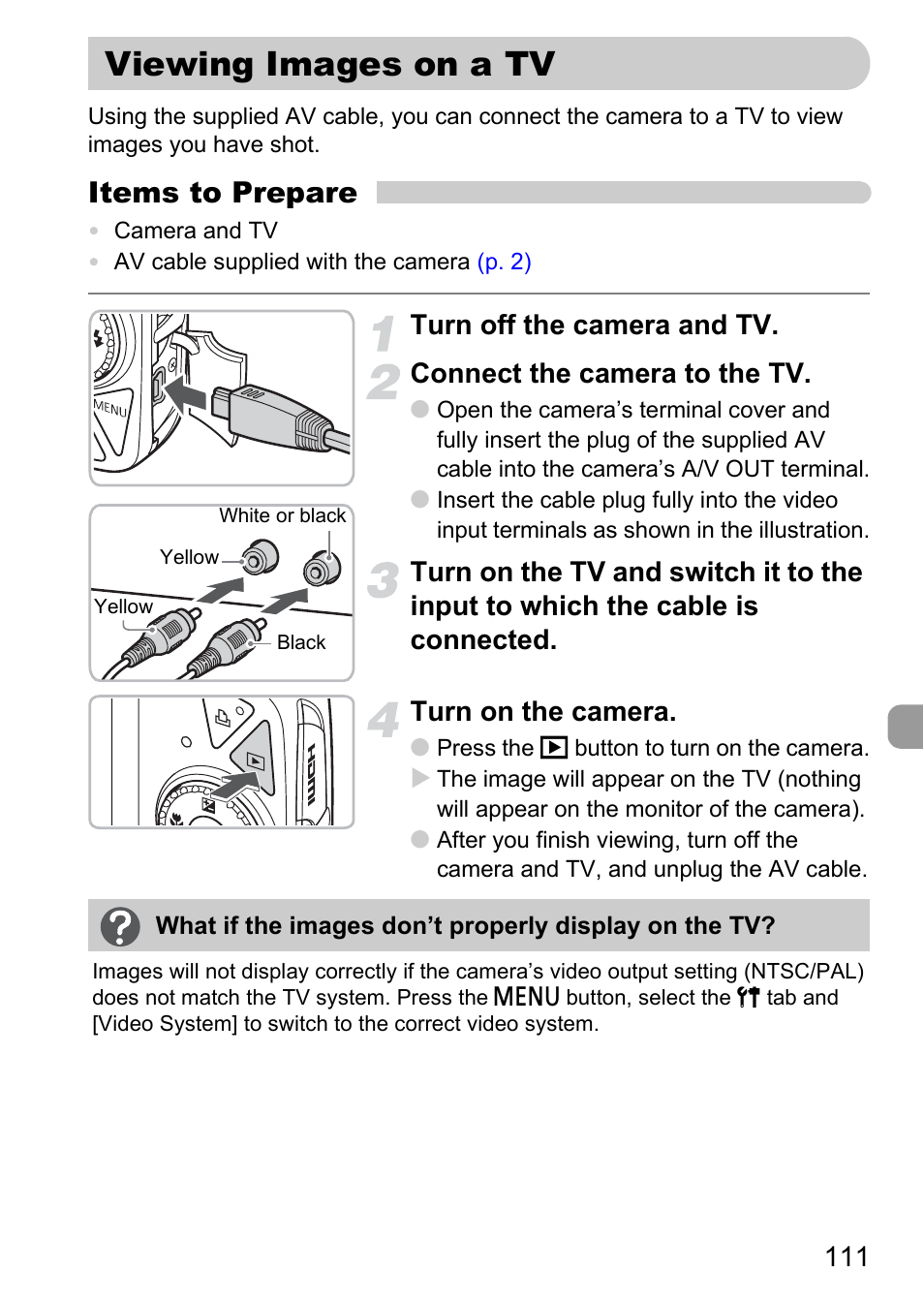 Viewing images on a tv, P. 111), A tv | Items to prepare | Canon IXUS 990IS User Manual | Page 111 / 162