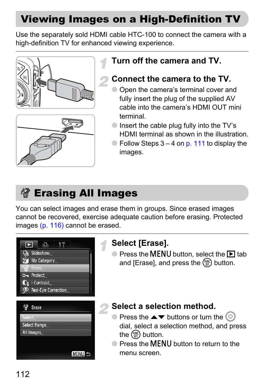 Viewing images on a high-definition tv, Erasing all images, Viewing images on a | High-definition tv, P. 112), Select [erase, Select a selection method | Canon IXUS 990IS User Manual | Page 112 / 162