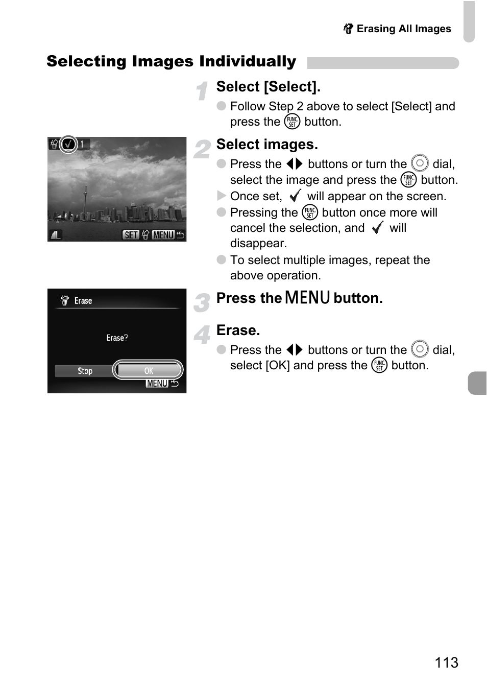 Selecting images individually, Select [select, Select images | Press the, Button. erase | Canon IXUS 990IS User Manual | Page 113 / 162