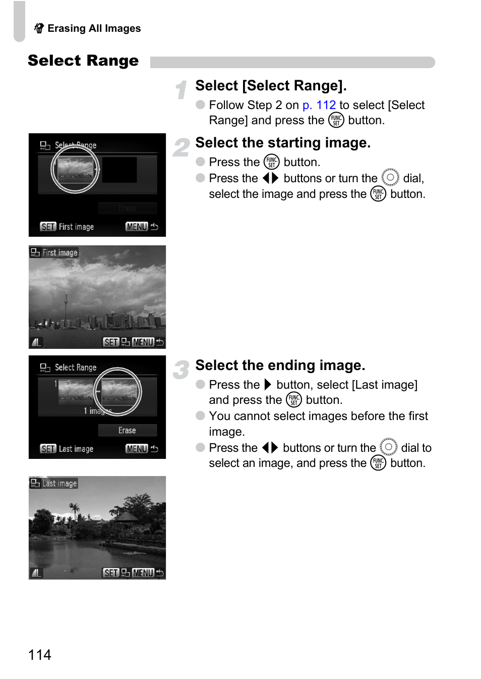 Select range, Select [select range, Select the starting image | Select the ending image | Canon IXUS 990IS User Manual | Page 114 / 162