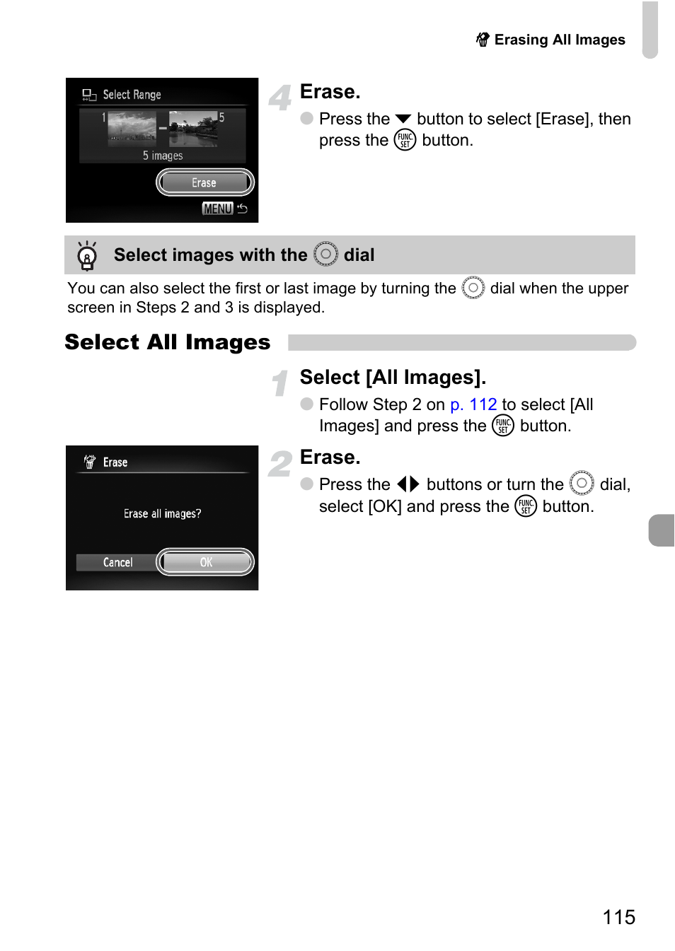 Select all images, 115 erase, Select [all images | Erase | Canon IXUS 990IS User Manual | Page 115 / 162