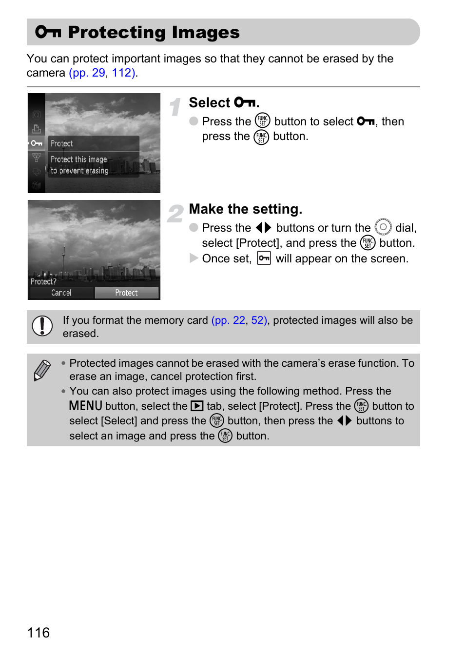 Protecting images, P. 116), Ages | Select, Make the setting | Canon IXUS 990IS User Manual | Page 116 / 162
