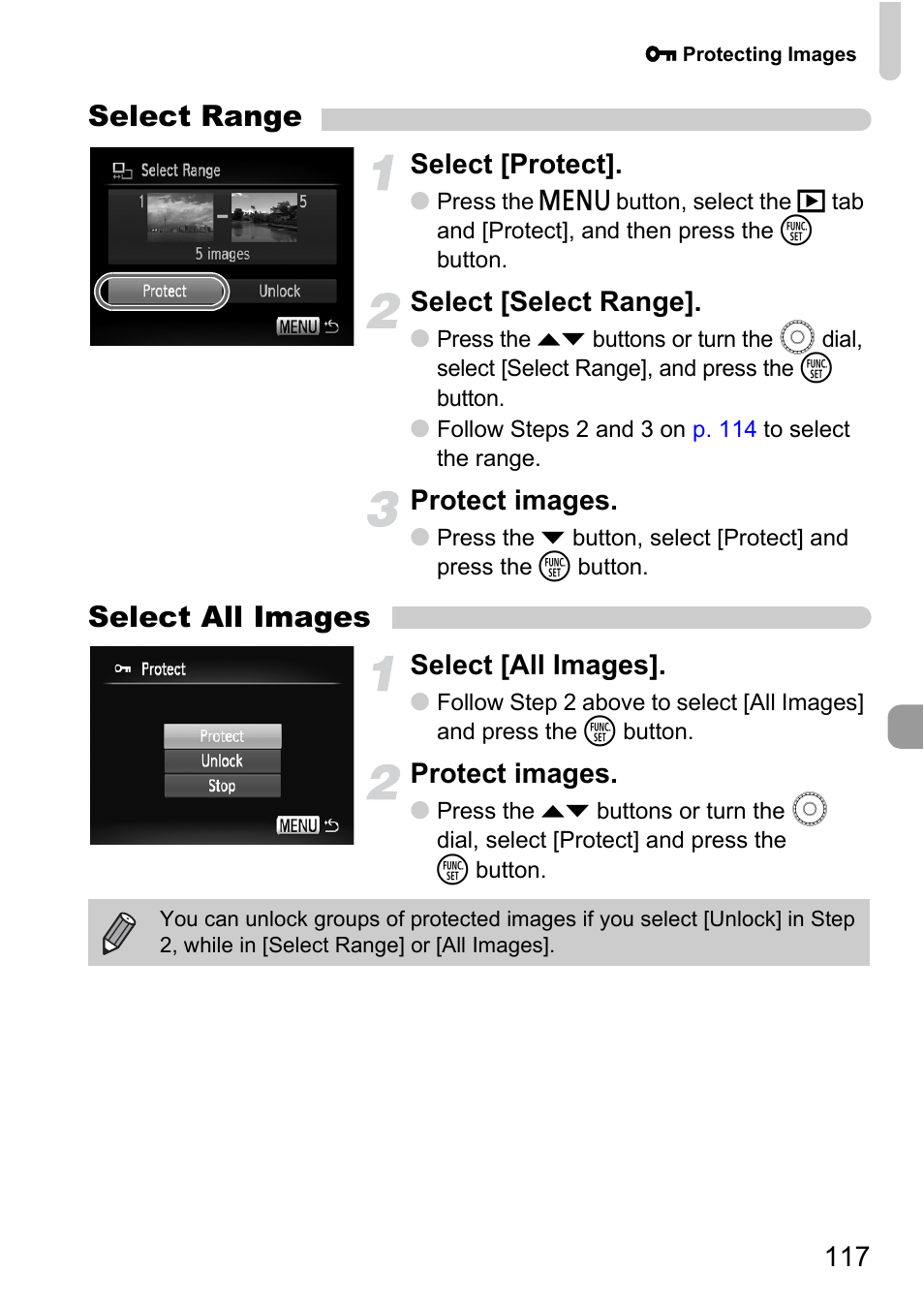 Select range, Select all images, Select [protect | Select [select range, Protect images, Select [all images | Canon IXUS 990IS User Manual | Page 117 / 162