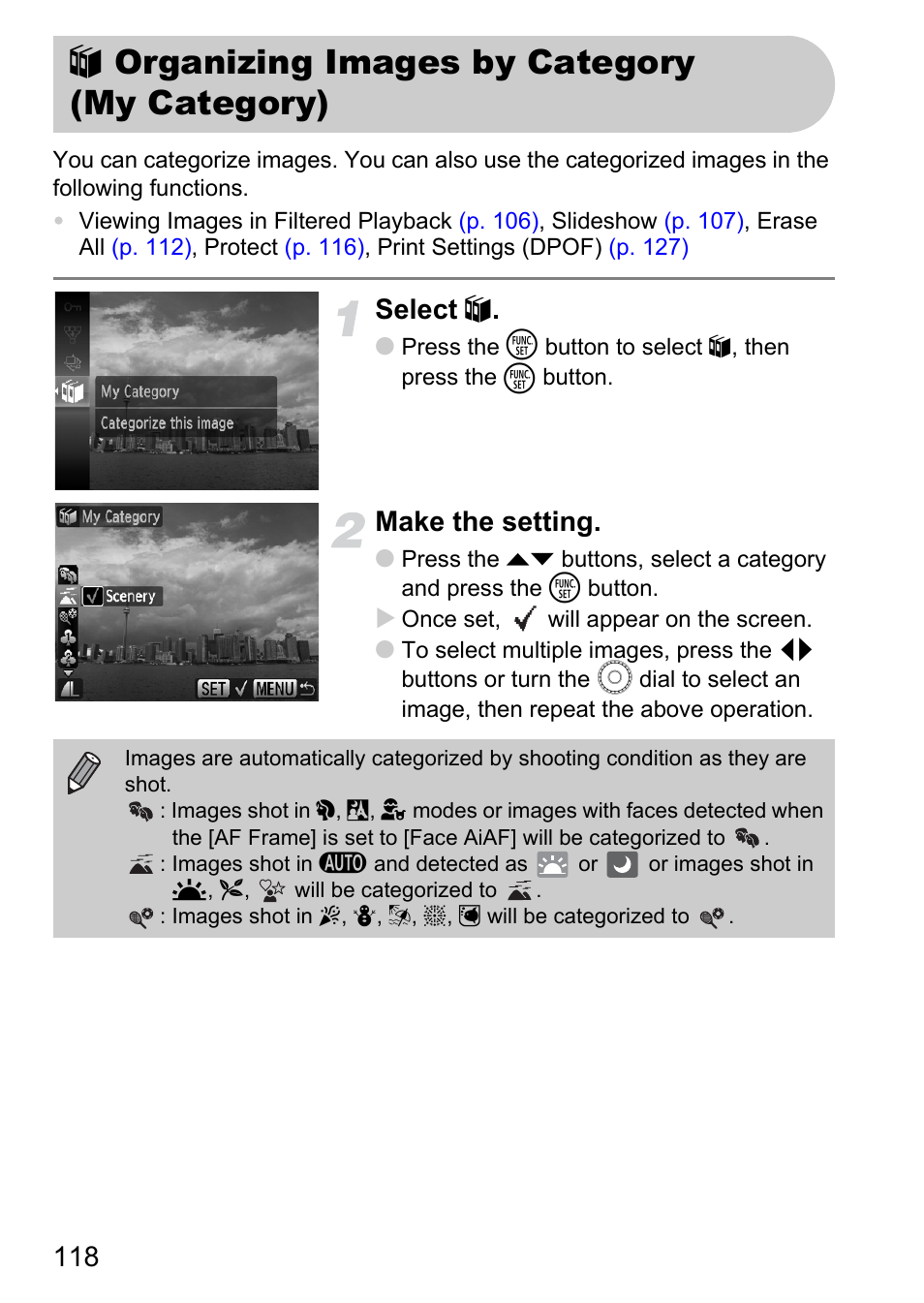 Organizing images by category (my category), Organizing images, By category (my category) | P. 118), Select, Make the setting | Canon IXUS 990IS User Manual | Page 118 / 162