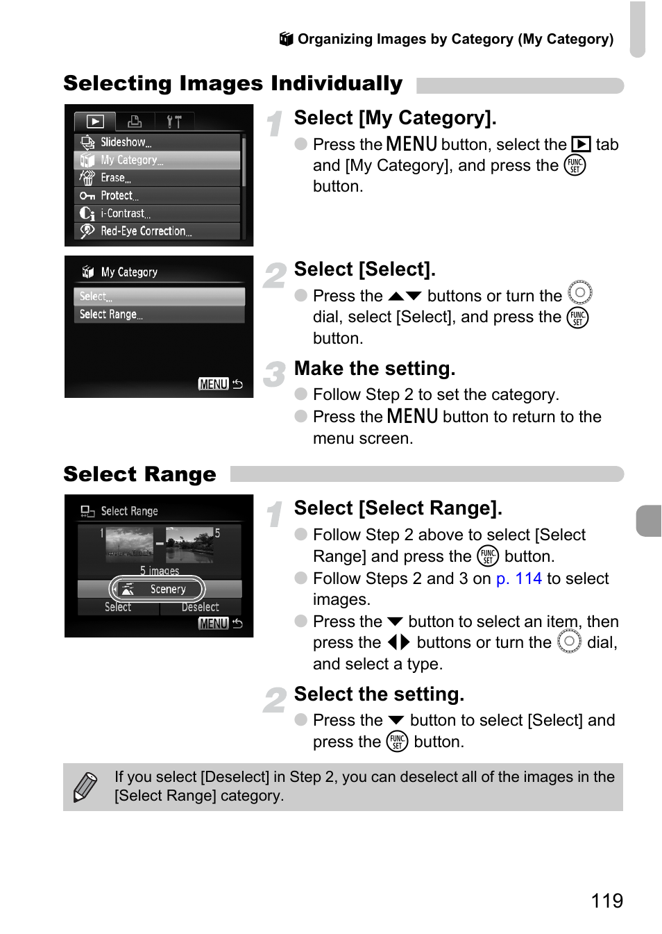 Selecting images individually, Select range, Select [my category | Select [select, Make the setting, Select [select range, Select the setting | Canon IXUS 990IS User Manual | Page 119 / 162