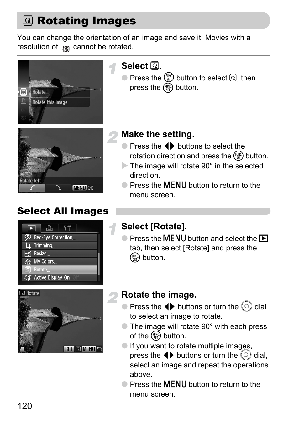 Rotating images, P. 120), Select all images | Select, Make the setting, Select [rotate, Rotate the image | Canon IXUS 990IS User Manual | Page 120 / 162