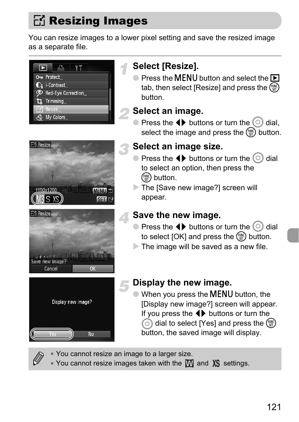Resizing images, Select [resize, Select an image | Select an image size, Save the new image, Display the new image | Canon IXUS 990IS User Manual | Page 121 / 162
