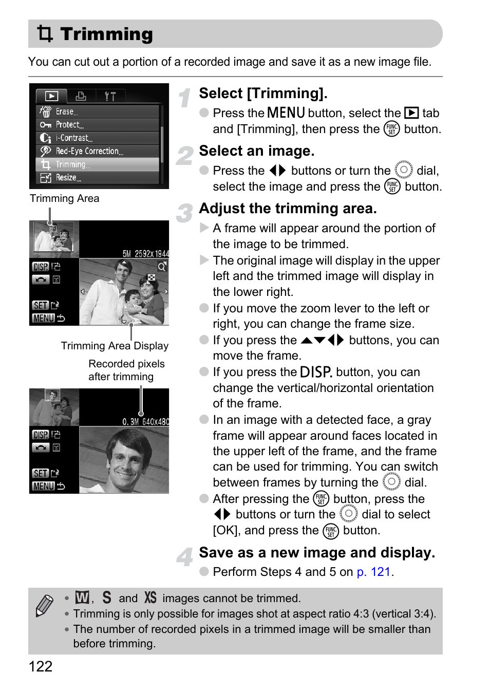 Trimming, Pp. 122, Select [trimming | Select an image, Adjust the trimming area, Save as a new image and display | Canon IXUS 990IS User Manual | Page 122 / 162