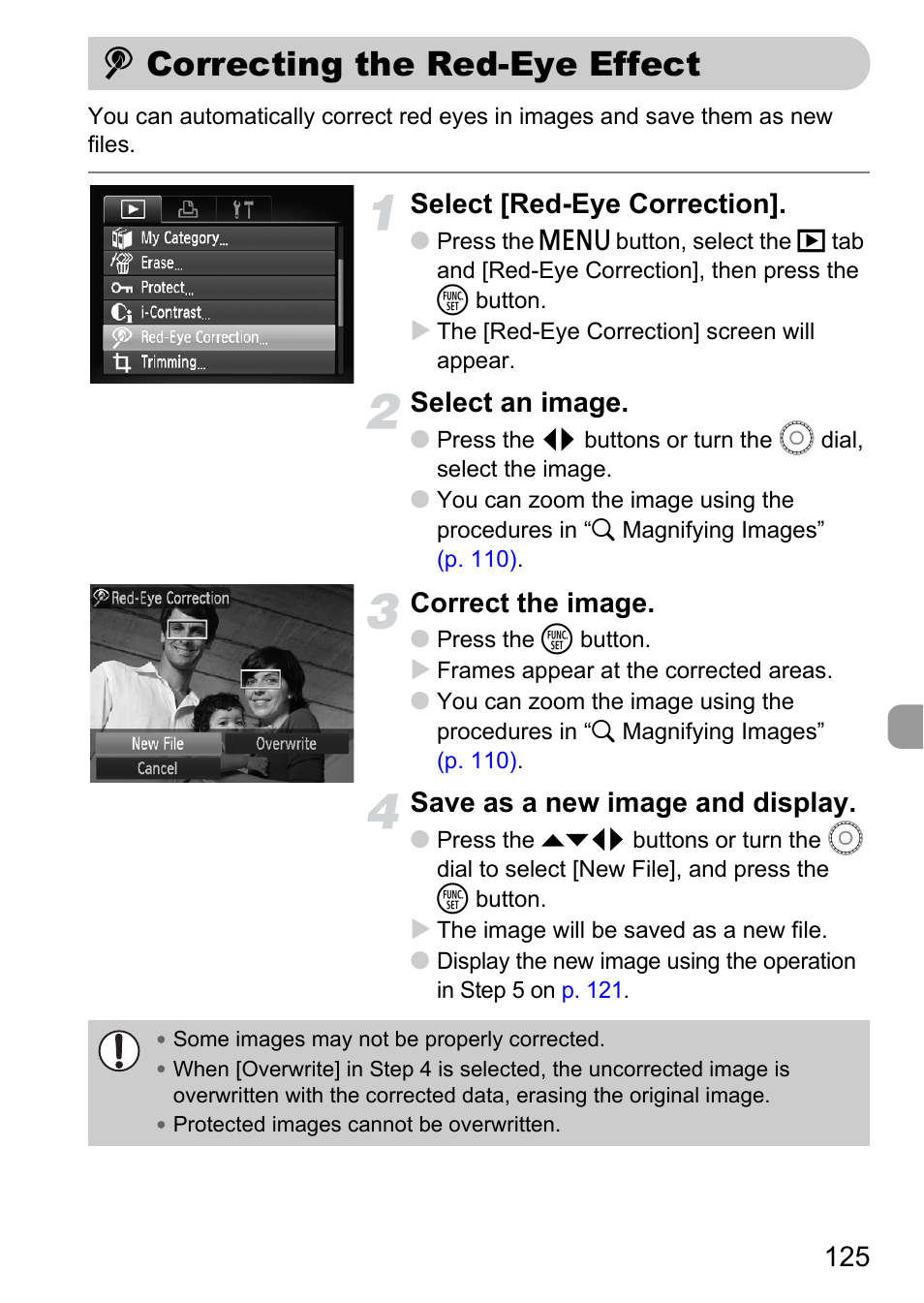 Correcting the red-eye effect, Select [red-eye correction, Select an image | Correct the image, Save as a new image and display | Canon IXUS 990IS User Manual | Page 125 / 162