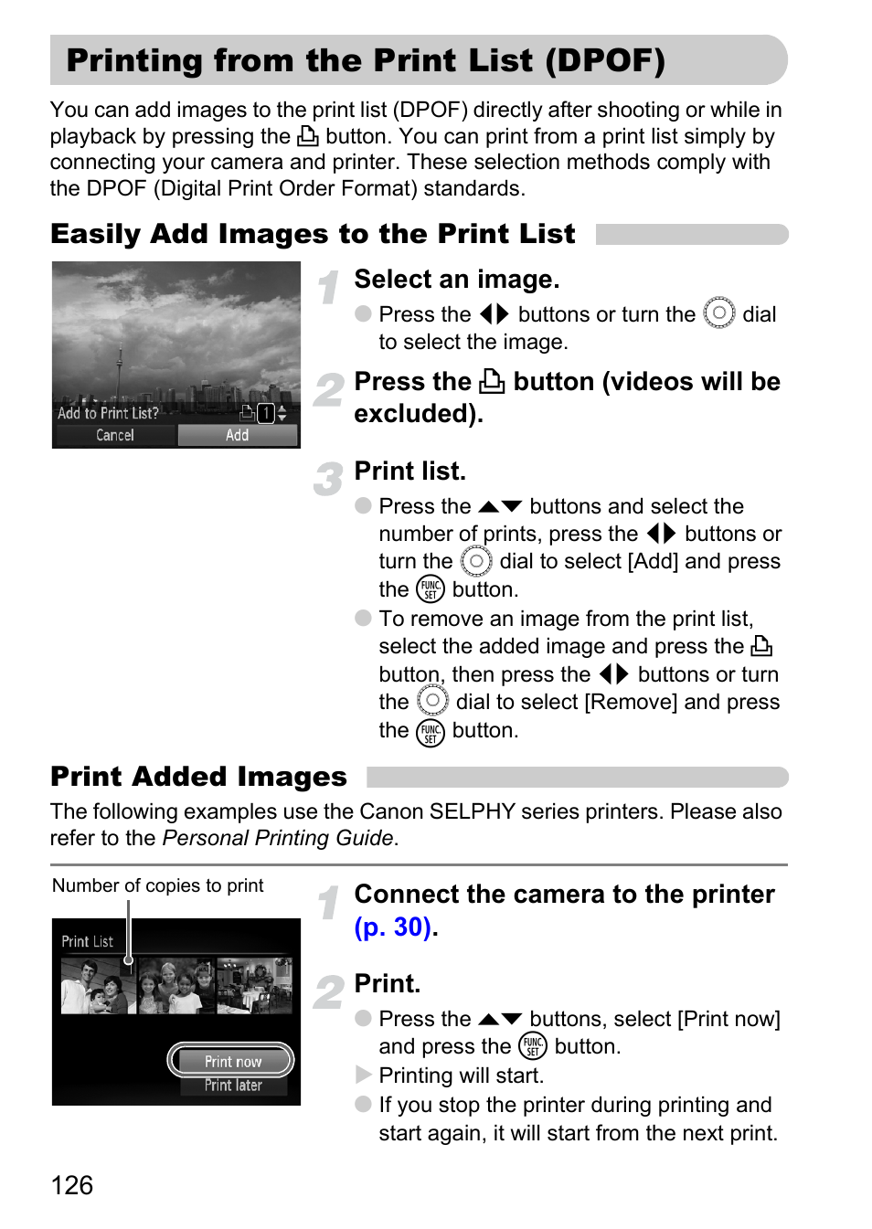 Printing from the print list (dpof), Print list, P. 126) | Easily add images to the print list, Print added images | Canon IXUS 990IS User Manual | Page 126 / 162