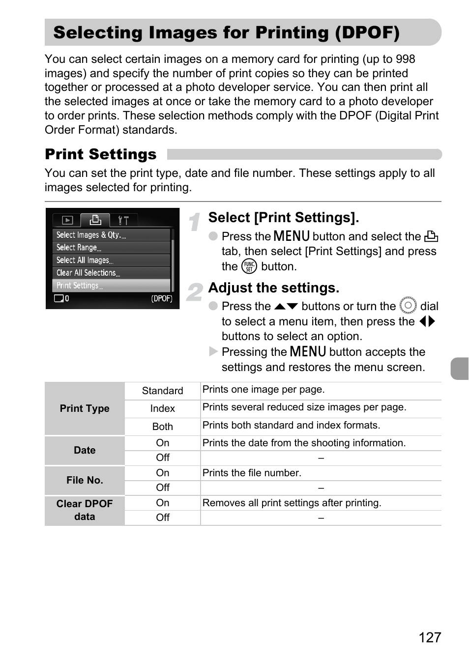 Selecting images for printing (dpof), Selecting images for printing, Dpof) | P. 127), Pof), Print settings, Select [print settings, Adjust the settings | Canon IXUS 990IS User Manual | Page 127 / 162